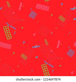 Retro Memphis Texture. Seamless Background for Card, Poster, Cover in Trendy Style. Colorful Geometric Pattern with Hand Drawn Scribble Elements. Colorful Triangles, Rings, Zigzags and Dots.