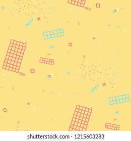 Retro Memphis Texture. Seamless Background for Chintz, Cotton, Swimwear in Trendy Style. Bright Geometric Pattern with Hand Drawn Scribble Elements. Colorful Triangles, Rings, Zigzags and Dots.