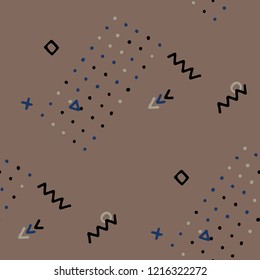 Retro Memphis Texture. Seamless Background for Wallpaper, Calico, Textile in Trendy Style. Colorful Geometric Pattern with Hand Drawn Scribble Elements. Colorful Triangles, Rings, Zigzags and Dots.