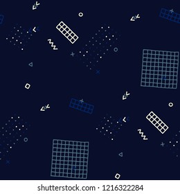Retro Memphis Texture. Seamless Background for Card, Poster, Cover in Trendy Style. Bright Geometric Pattern with Hand Drawn Scribble Elements. Colorful Triangles, Rings, Zigzags and Dots.