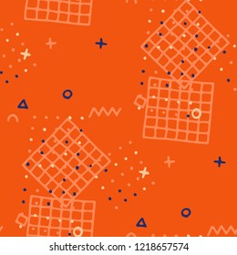 Retro Memphis Texture. Seamless Background for Banner, Fabric, Cloth in Trendy Style. Colorful Geometric Pattern with Hand Drawn Scribble Elements. Colorful Triangles, Rings, Zigzags and Dots.