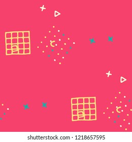 Retro Memphis Texture. Seamless Background for Wallpaper, Fabric, Cloth in Trendy Style. Bright Geometric Pattern with Hand Drawn Scribble Elements. Colorful Triangles, Rings, Zigzags and Dots.