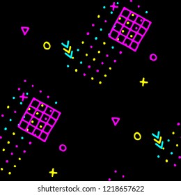 Retro Memphis Texture. Seamless Background for Wallpaper, Print, Textile in Trendy Style. Bright Geometric Pattern with Hand Drawn Scribble Elements. Colorful Triangles, Rings, Zigzags and Dots.