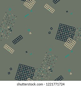 Retro Memphis Texture. Seamless Background for Banner, Fabric, Cloth in Trendy Style. Colorful Geometric Pattern with Hand Drawn Scribble Elements. Colorful Triangles, Rings, Zigzags and Dots.
