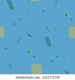 Retro Memphis Texture. Seamless Background for Banner, Poster, Cloth in Trendy Style. Bright Geometric Pattern with Hand Drawn Scribble Elements. Colorful Triangles, Rings, Zigzags and Dots.