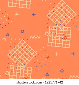 Retro Memphis Texture. Seamless Background for Card, Poster, Cover in Trendy Style. Bright Geometric Pattern with Hand Drawn Scribble Elements. Colorful Triangles, Rings, Zigzags and Dots.