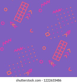 Retro Memphis Texture. Seamless Background for Chintz, Calico, Fabric in Trendy Style. Colorful Geometric Pattern with Hand Drawn Scribble Elements. Colorful Triangles, Rings, Zigzags and Dots.
