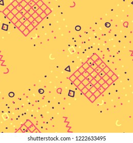 Retro Memphis Texture. Seamless Background for Wallpaper, Cotton, Swimwear in Trendy Style. Colorful Geometric Pattern with Hand Drawn Scribble Elements. Colorful Triangles, Rings, Zigzags and Dots.