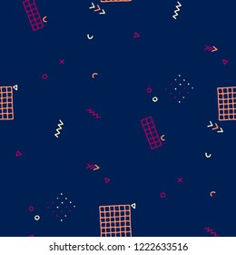 Retro Memphis Texture. Seamless Background for Wallpaper, Fabric, Swimwear in Trendy Style. Bright Geometric Pattern with Hand Drawn Scribble Elements. Colorful Triangles, Rings, Zigzags and Dots.