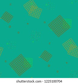 Retro Memphis Texture. Seamless Background for Wallpaper, Cotton, Swimwear in Trendy Style. Bright Geometric Pattern with Hand Drawn Scribble Elements. Colorful Triangles, Rings, Zigzags and Dots.