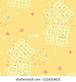 Retro Memphis Texture. Seamless Background for Chintz, Calico, Fabric in Trendy Style. Colorful Geometric Pattern with Hand Drawn Scribble Elements. Colorful Triangles, Rings, Zigzags and Dots.