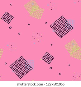 Retro Memphis Texture. Seamless Background for Chintz, Calico, Fabric in Trendy Style. Bright Geometric Pattern with Hand Drawn Scribble Elements. Colorful Triangles, Rings, Zigzags and Dots.