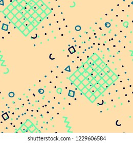 Retro Memphis Texture. Seamless Background for Card, Poster, Cover in Trendy Style. Bright Geometric Pattern with Hand Drawn Scribble Elements. Colorful Triangles, Rings, Zigzags and Dots.
