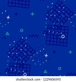 Retro Memphis Texture. Seamless Background for Wallpaper, Cotton, Swimwear in Trendy Style. Bright Geometric Pattern with Hand Drawn Scribble Elements. Colorful Triangles, Rings, Zigzags and Dots.