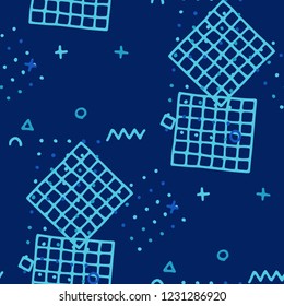 Retro Memphis Texture. Seamless Background for Banner, Poster, Cover in Trendy Style. Bright Geometric Pattern with Hand Drawn Scribble Elements. Colorful Triangles, Rings, Zigzags and Dots.
