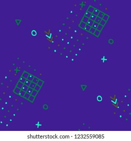 Retro Memphis Texture. Seamless Background for Card, Poster, Cover in Trendy Style. Bright Geometric Pattern with Hand Drawn Scribble Elements. Colorful Triangles, Rings, Zigzags and Dots.