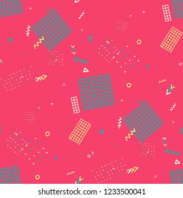 Retro Memphis Texture. Seamless Background for Wallpaper, Cotton, Swimwear in Trendy Style. Colorful Geometric Pattern with Hand Drawn Scribble Elements. Colorful Triangles, Rings, Zigzags and Dots.