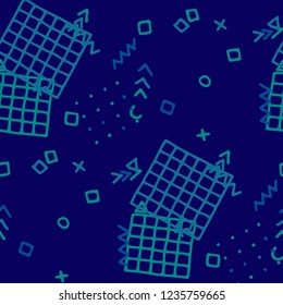 Retro Memphis Texture. Seamless Background for Chintz, Cotton, Swimwear in Trendy Style. Colorful Geometric Pattern with Hand Drawn Scribble Elements. Colorful Triangles, Rings, Zigzags and Dots.