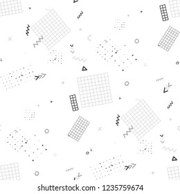 Retro Memphis Texture. Seamless Background for Card, Print, Textile in Trendy Style. Colorful Geometric Pattern with Hand Drawn Scribble Elements. Colorful Triangles, Rings, Zigzags and Dots.
