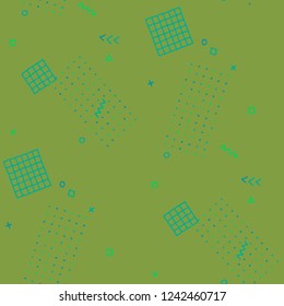Retro Memphis Texture. Seamless Background for Wallpaper, Cotton, Swimwear in Trendy Style. Colorful Geometric Pattern with Hand Drawn Scribble Elements. Colorful Triangles, Rings, Zigzags and Dots.