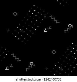 Retro Memphis Texture. Seamless Background for Chintz, Cotton, Fabric in Trendy Style. Colorful Geometric Pattern with Hand Drawn Scribble Elements. Colorful Triangles, Rings, Zigzags and Dots.