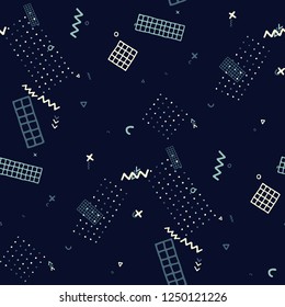 Retro Memphis Texture. Seamless Background for Wallpaper, Fabric, Swimwear in Trendy Style. Colorful Geometric Pattern with Hand Drawn Scribble Elements. Colorful Triangles, Rings, Zigzags and Dots.