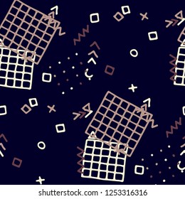 Retro Memphis Texture. Seamless Background for Card, Print, Textile in Trendy Style. Bright Geometric Pattern with Hand Drawn Scribble Elements. Colorful Triangles, Rings, Zigzags and Dots.