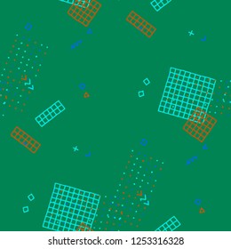 Retro Memphis Texture. Seamless Background for Wallpaper, Calico, Textile in Trendy Style. Bright Geometric Pattern with Hand Drawn Scribble Elements. Colorful Triangles, Rings, Zigzags and Dots.
