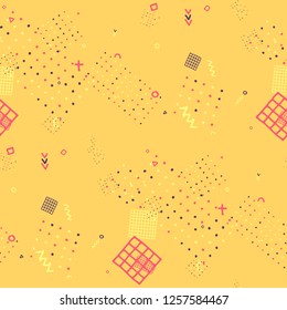 Retro Memphis Texture. Seamless Background for Wallpaper, Fabric, Swimwear in Trendy Style. Bright Geometric Pattern with Hand Drawn Scribble Elements. Colorful Triangles, Rings, Zigzags and Dots.