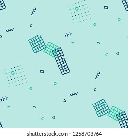 Retro Memphis Texture. Seamless Background for Banner, Fabric, Cloth in Trendy Style. Colorful Geometric Pattern with Hand Drawn Scribble Elements. Colorful Triangles, Rings, Zigzags and Dots.