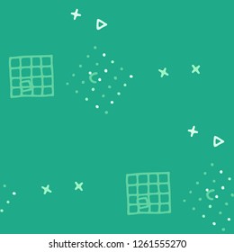 Retro Memphis Texture. Seamless Background for Chintz, Cotton, Fabric in Trendy Style. Bright Geometric Pattern with Hand Drawn Scribble Elements. Colorful Triangles, Rings, Zigzags and Dots.