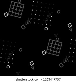 Retro Memphis Texture. Seamless Background for Banner, Fabric, Cloth in Trendy Style. Bright Geometric Pattern with Hand Drawn Scribble Elements. Colorful Triangles, Rings, Zigzags and Dots.