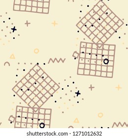 Retro Memphis Texture. Seamless Background for Wallpaper, Calico, Fabric in Trendy Style. Colorful Geometric Pattern with Hand Drawn Scribble Elements. Colorful Triangles, Rings, Zigzags and Dots.