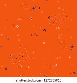 Retro Memphis Texture. Seamless Background for Card, Print, Textile in Trendy Style. Colorful Geometric Pattern with Hand Drawn Scribble Elements. Colorful Triangles, Rings, Zigzags and Dots.