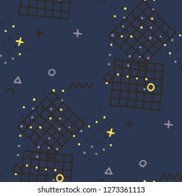 Retro Memphis Texture. Seamless Background for Banner, Fabric, Cloth in Trendy Style. Colorful Geometric Pattern with Hand Drawn Scribble Elements. Colorful Triangles, Rings, Zigzags and Dots.