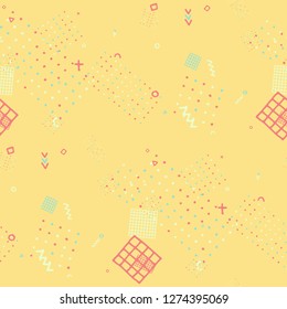 Retro Memphis Texture. Seamless Background for Chintz, Cotton, Fabric in Trendy Style. Bright Geometric Pattern with Hand Drawn Scribble Elements. Colorful Triangles, Rings, Zigzags and Dots.
