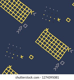 Retro Memphis Texture. Seamless Background for Card, Print, Textile in Trendy Style. Bright Geometric Pattern with Hand Drawn Scribble Elements. Colorful Triangles, Rings, Zigzags and Dots.