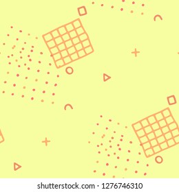 Retro Memphis Texture. Seamless Background for Card, Poster, Cover in Trendy Style. Bright Geometric Pattern with Hand Drawn Scribble Elements. Colorful Triangles, Rings, Zigzags and Dots.