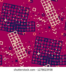 Retro Memphis Texture. Seamless Background for Chintz, Calico, Fabric in Trendy Style. Bright Geometric Pattern with Hand Drawn Scribble Elements. Colorful Triangles, Rings, Zigzags and Dots.