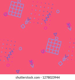 Retro Memphis Texture. Seamless Background for Chintz, Cotton, Swimwear in Trendy Style. Colorful Geometric Pattern with Hand Drawn Scribble Elements. Colorful Triangles, Rings, Zigzags and Dots.
