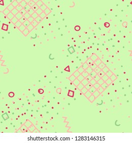 Retro Memphis Texture. Seamless Background for Card, Poster, Cover in Trendy Style. Bright Geometric Pattern with Hand Drawn Scribble Elements. Colorful Triangles, Rings, Zigzags and Dots.