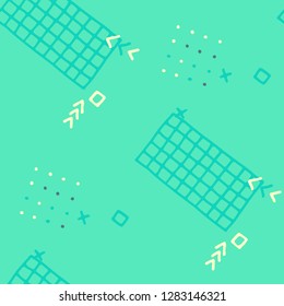 Retro Memphis Texture. Seamless Background for Chintz, Cotton, Swimwear in Trendy Style. Bright Geometric Pattern with Hand Drawn Scribble Elements. Colorful Triangles, Rings, Zigzags and Dots.