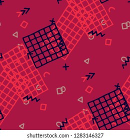 Retro Memphis Texture. Seamless Background for Banner, Fabric, Cloth in Trendy Style. Bright Geometric Pattern with Hand Drawn Scribble Elements. Colorful Triangles, Rings, Zigzags and Dots.