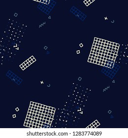 Retro Memphis Texture. Seamless Background for Banner, Poster, Cloth in Trendy Style. Colorful Geometric Pattern with Hand Drawn Scribble Elements. Colorful Triangles, Rings, Zigzags and Dots.