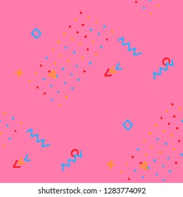Retro Memphis Texture. Seamless Background for Card, Banner, Cover in Trendy Style. Colorful Geometric Pattern with Hand Drawn Scribble Elements. Colorful Triangles, Rings, Zigzags and Dots.