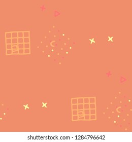 Retro Memphis Texture. Seamless Background for Chintz, Cotton, Swimwear in Trendy Style. Bright Geometric Pattern with Hand Drawn Scribble Elements. Colorful Triangles, Rings, Zigzags and Dots.