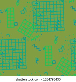 Retro Memphis Texture. Seamless Background for Banner, Poster, Cover in Trendy Style. Colorful Geometric Pattern with Hand Drawn Scribble Elements. Colorful Triangles, Rings, Zigzags and Dots.