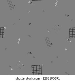 Retro Memphis Texture. Seamless Background for Chintz, Calico, Fabric in Trendy Style. Bright Geometric Pattern with Hand Drawn Scribble Elements. Colorful Triangles, Rings, Zigzags and Dots.