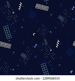 Retro Memphis Texture. Seamless Background for Card, Print, Textile in Trendy Style. Colorful Geometric Pattern with Hand Drawn Scribble Elements. Colorful Triangles, Rings, Zigzags and Dots.