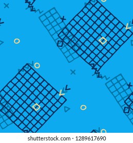 Retro Memphis Texture. Seamless Background for Card, Poster, Cover in Trendy Style. Colorful Geometric Pattern with Hand Drawn Scribble Elements. Colorful Triangles, Rings, Zigzags and Dots.